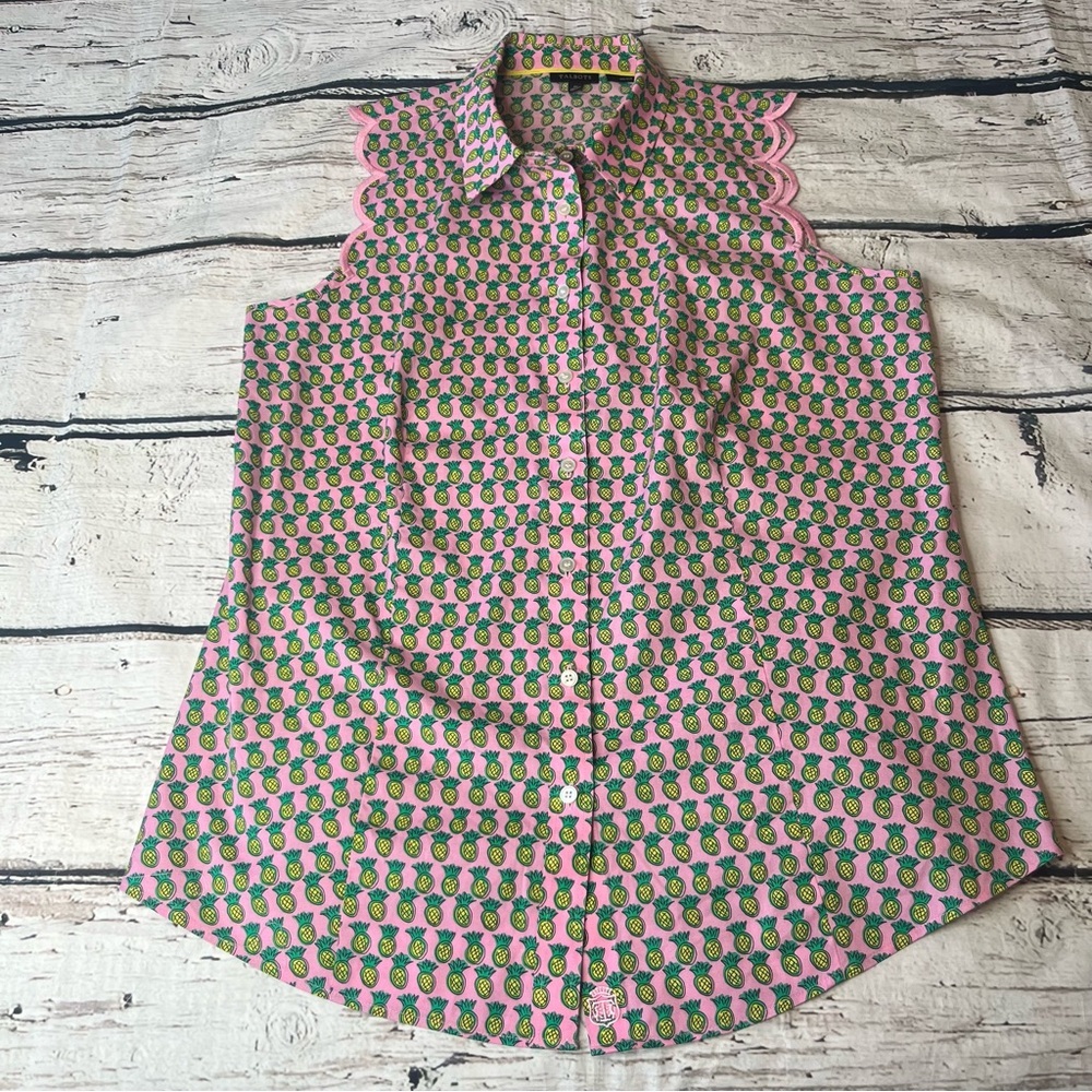 Talbots No-Iron Scalloped Edge Pineapple Print Sleeveless Blouse Size 10 - Picture 1 of 9